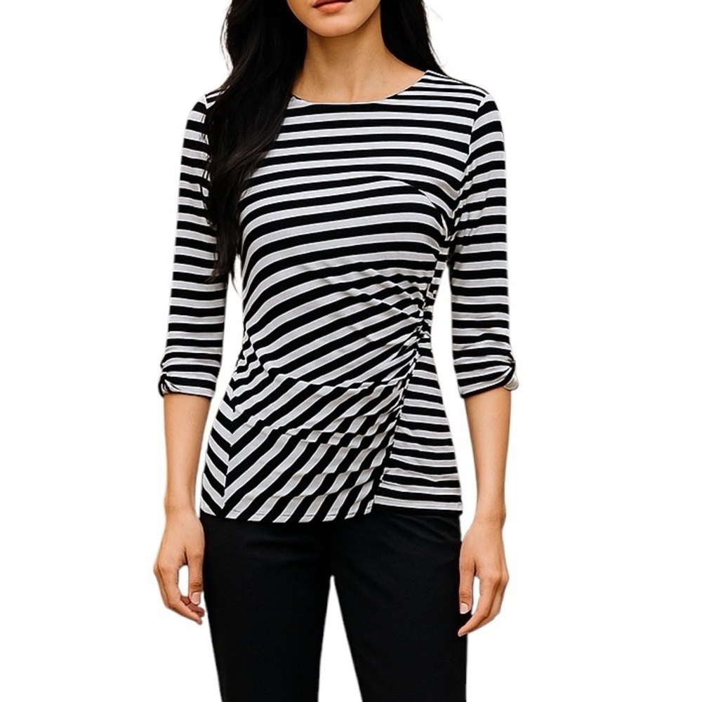Bella Sky Medium Black & White Stripe Elbow Length Shirt Studded Edgy
